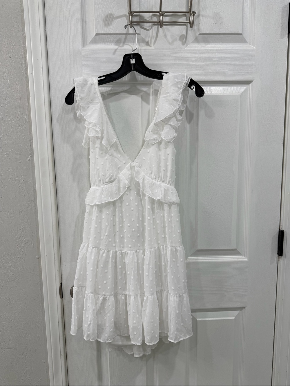 Trixxi White Swiss Dot Ruffle Mini Dress